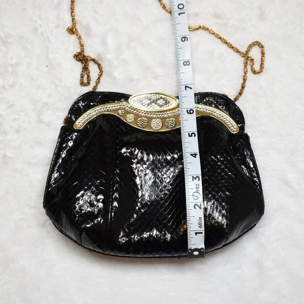 Vintage Snakeskin Shoulder Bag Clutch Crystals Party Cocktail Party 80s Black